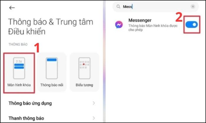 Tìm ứng dụng Messenger và gạt thanh chọn sang phải