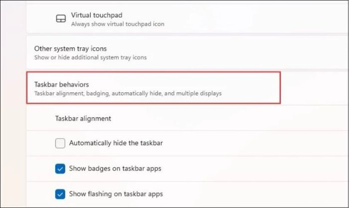 Chọn mục Hành vi Taskbar