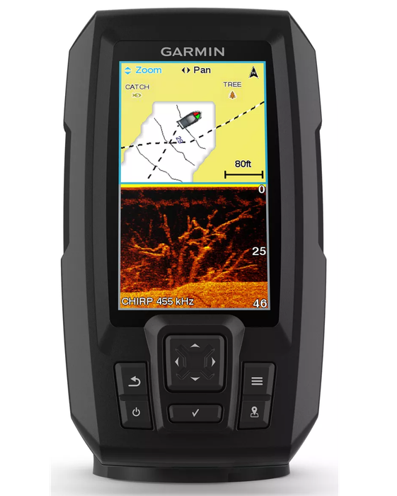 A product shot of the 'Garmin Striker Plus 4cv Fishfinder,' showcasing its sleek design and functionality.