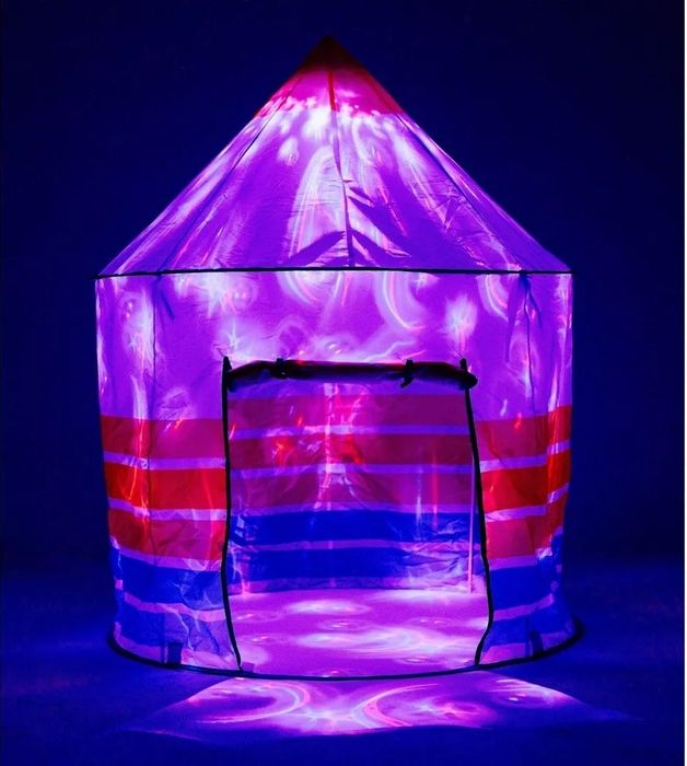 A glowing play tent for kids, adorned with a starry pattern, featuring a conical roof and circular base. Perfect for both imaginative adventures and cozy indoor camping.