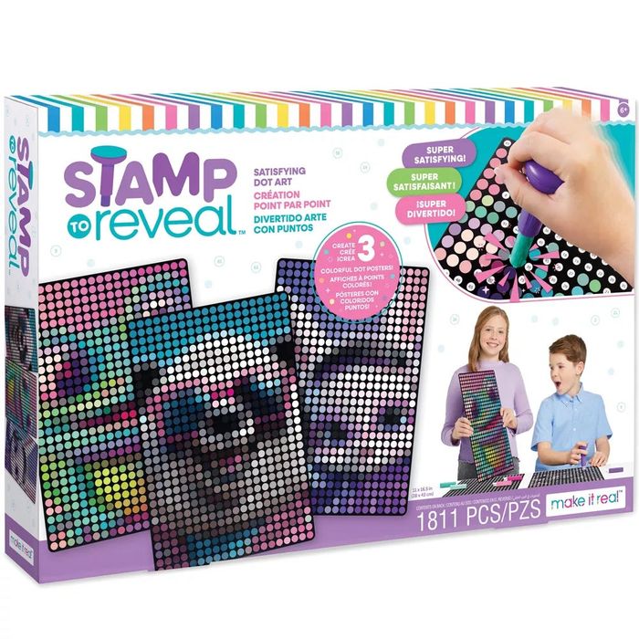 Stamp to Reveal Dot Art Kit box featuring colorful designs and two kids smiling, with one holding their completed artwork