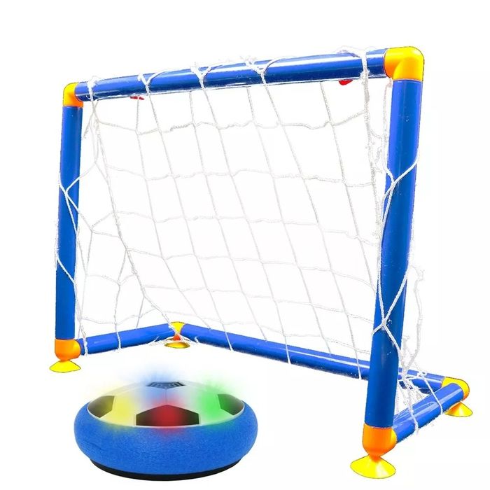 Mini soccer goal set featuring a hover soccer ball, designed for indoor play