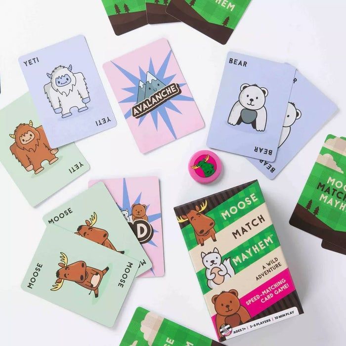 Moose Match Mayhem card game; comes with cards featuring cartoon animals and symbols for fast-paced matching gameplay