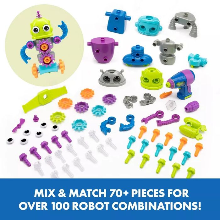 An assortment of colorful robot parts, eyes, and tools for building. The text says,