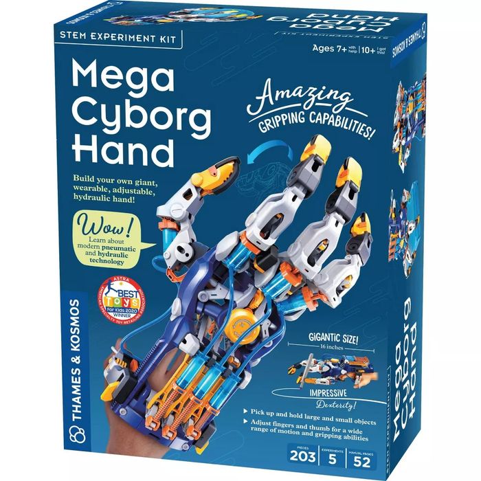 STEM Experiment Kit: Mega Cyborg Hand. Recommended for ages 7 and up. Build your own hydraulic hand with 203 pieces and 5 experiments. Winner of the Best Toys Award.