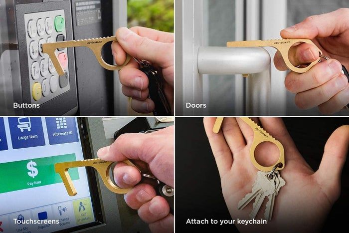 A series of images showing the CleanKey keyring in action—pressing buttons, pulling doors, and tapping screens