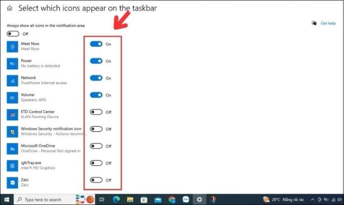 Tùy chỉnh các biểu tượng hiển thị trên thanh Taskbar của bạn.