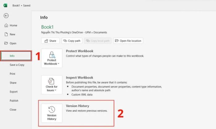 Chọn mục Version History để khôi phục lại file Excel chưa lưu.