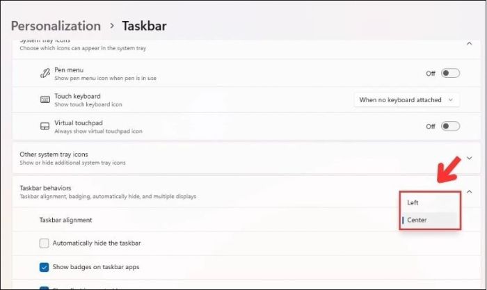 Nhấn vào mục Căn chỉnh Taskbar