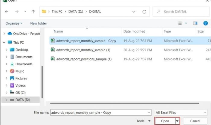 Nhấn vào Open để khôi phục lại file Excel chưa lưu của bạn.