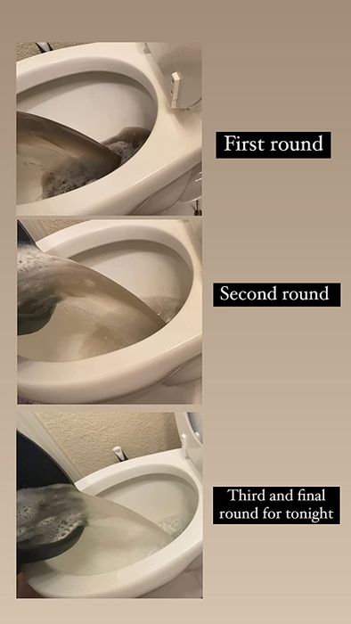Three images of a reviewer discarding the dirty water from their mop bucket after each cleaning session, showing the water gradually becoming cleaner with each dump.
