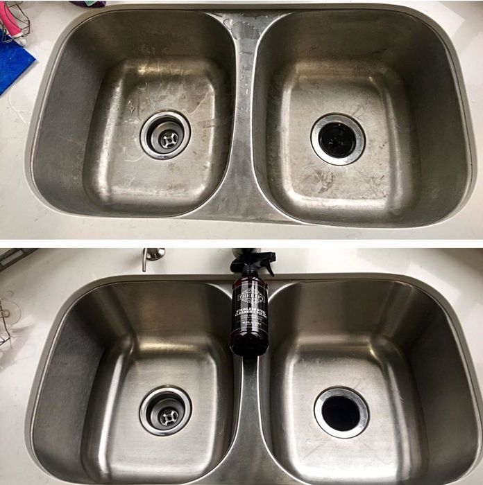 A before-and-after photo from a reviewer showing their stainless steel sink looking brand new after using the stainless steel cleaner