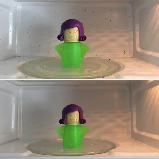 At the top, a reviewer’s microwave appears dirty, and at the bottom, the same microwave looks spotless after using the Angry Mama cleaner