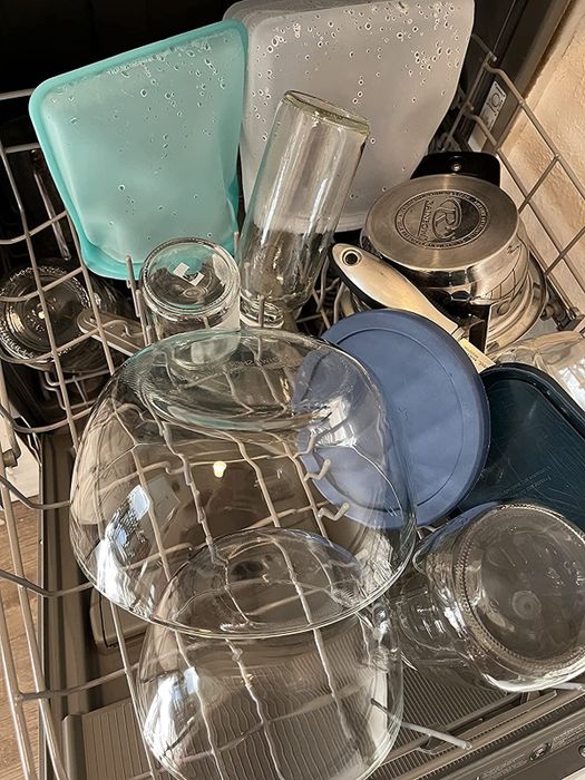 A reviewer’s photo showing dishes in the dishwasher, sparkling clean with no leftover residue.
