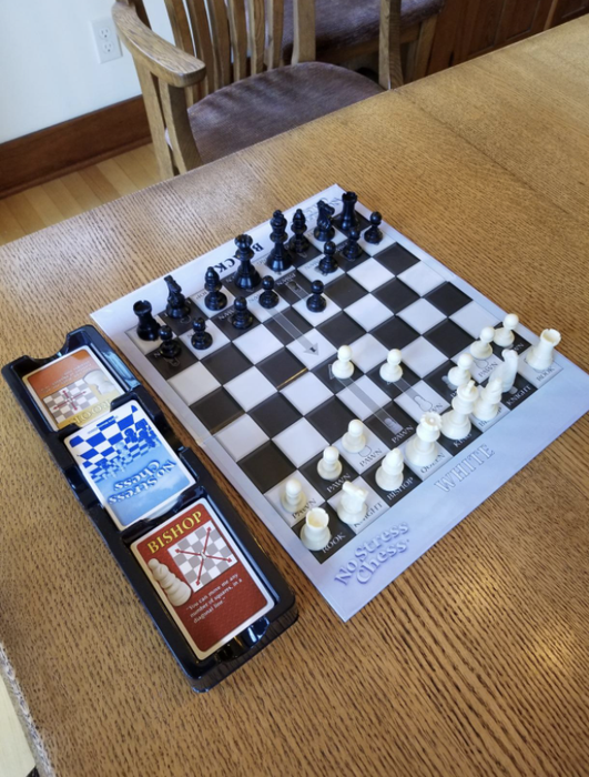 Reviewer photo of chess board and instructional cards on table