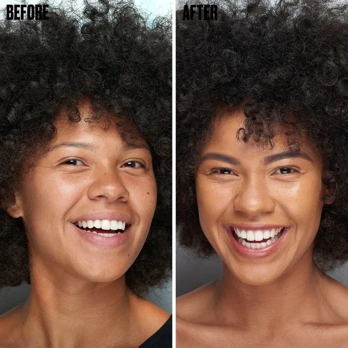 A side-by-side comparison showing a model with thinner eyebrows on the left and fuller, darker brows on the right