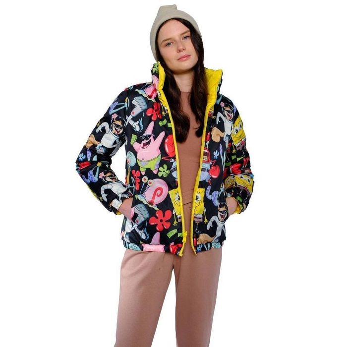 A person is wearing a puffer jacket adorned with characters from SpongeBob SquarePants.