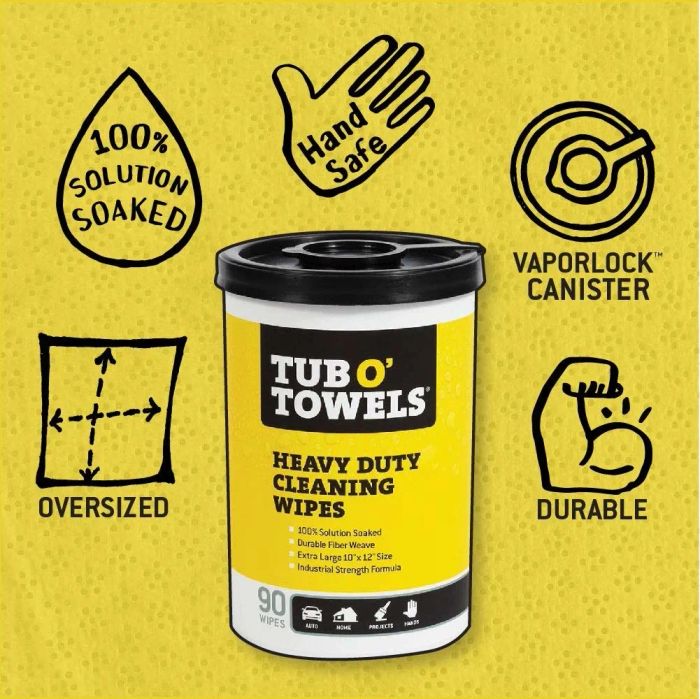 The canister of wipes, labeled with the text "oversized, 100% solution-soaked, hand-safe, vaporlock canister, durable"
