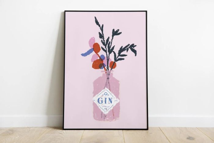 A vibrant print featuring a gin bottle repurposed as a vase, filled with flowers in shades of pink, red, and blue.
