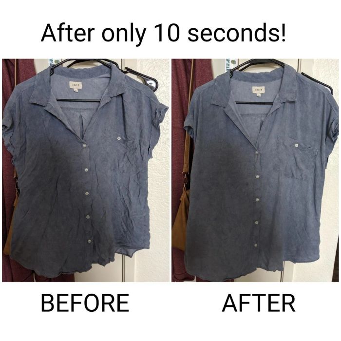 A side-by-side collage showing a heavily wrinkled blouse before and a noticeably smoother one after, with the caption "after only 10 seconds!"