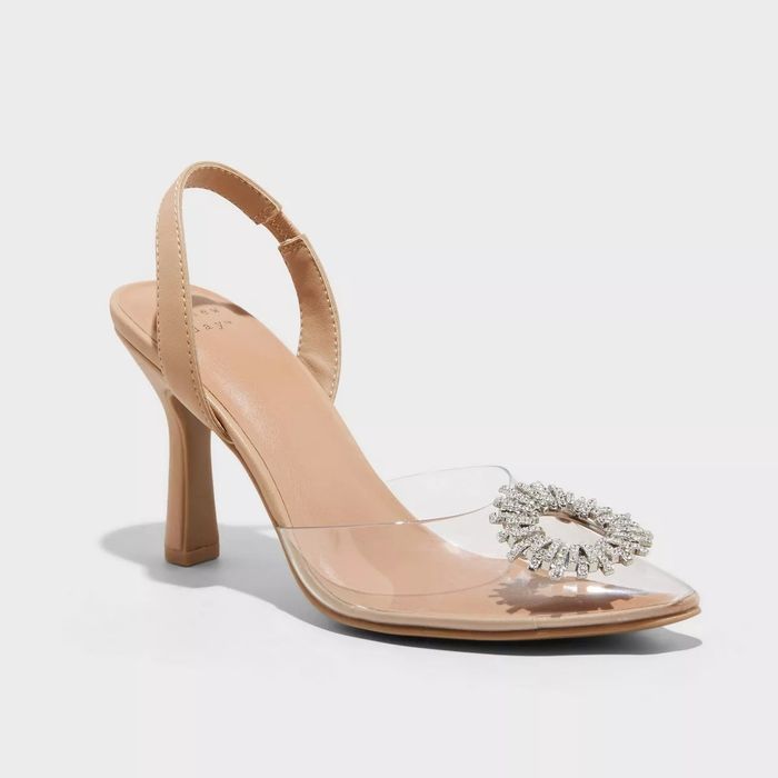 Beige heel with a clear toe and sparkly decoration on the toe