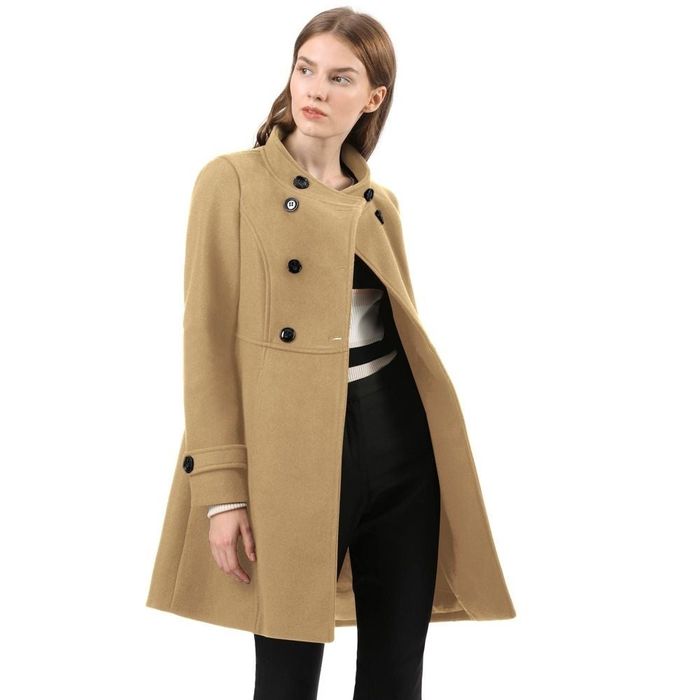 a person wearing a tan stand collar coat