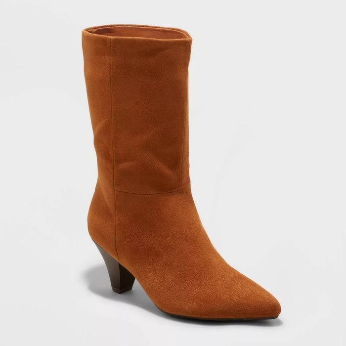 Cognac mid-calf boots with a pointed toe design