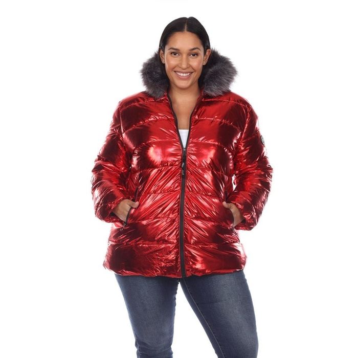 A person is seen wearing a metallic red puffer coat with faux fur trim on the hood.