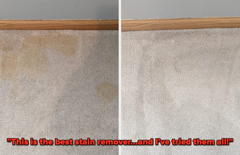 A reviewer's carpet showing a yellow stain, followed by the same carpet completely stain-free.
