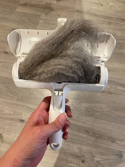 Reviewer holding the open ChomChom roller, filled with pet hair inside.