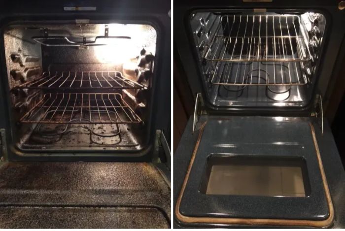 A reviewer's before-and-after photos showing a greasy, grimy oven transformed into a gleaming, spotless appliance