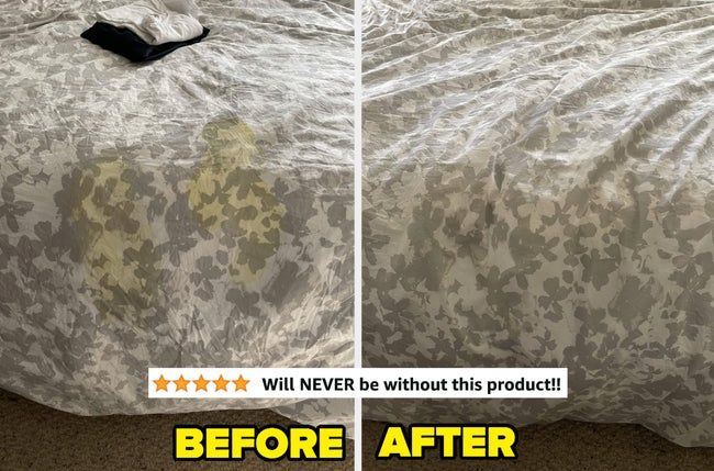 A reviewer's comforter showing two yellow vomit stains, before and after the stains have been completely removed.