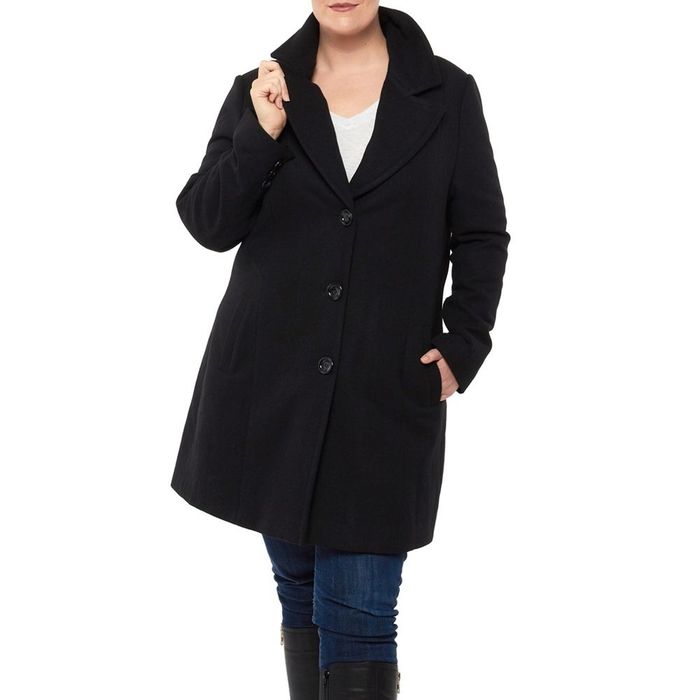 A person is seen wearing a black, single-breasted wool coat.