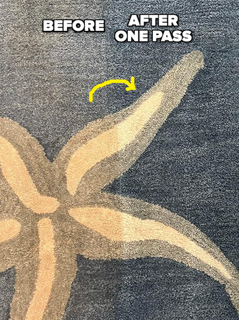 A reviewer's carpet showing a starfish pattern that was initially a bit brown, now looking much brighter and whiter after cleaning.