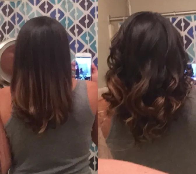A comparison showcasing the transformation from straight to curly hair