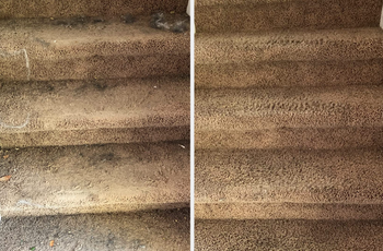 Close-up of the reviewer's brown stairs, covered in pet hair and dirt, followed by the same stairs now clean and spotless.