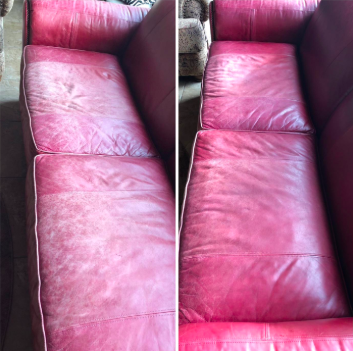 A reviewer's before and after picture of a worn red couch that looks significantly improved after using leather conditioner.
