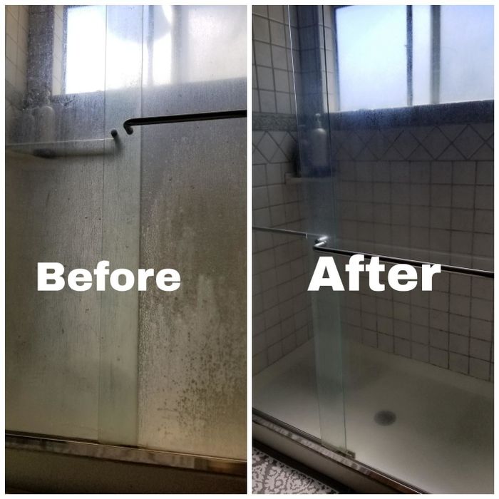 A reviewer’s before-and-after photos showing the cleaner successfully removing hard water stains from their glass shower doors