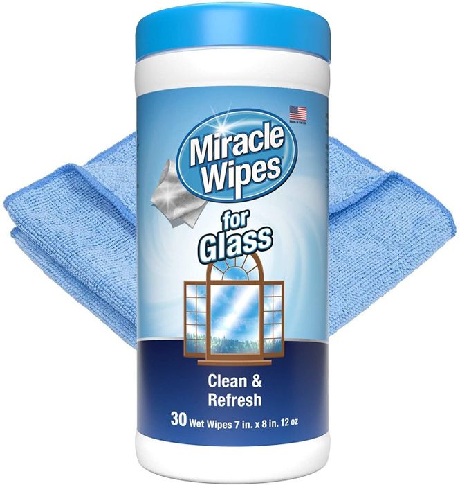 A bottle of Glass Miracle Wipes