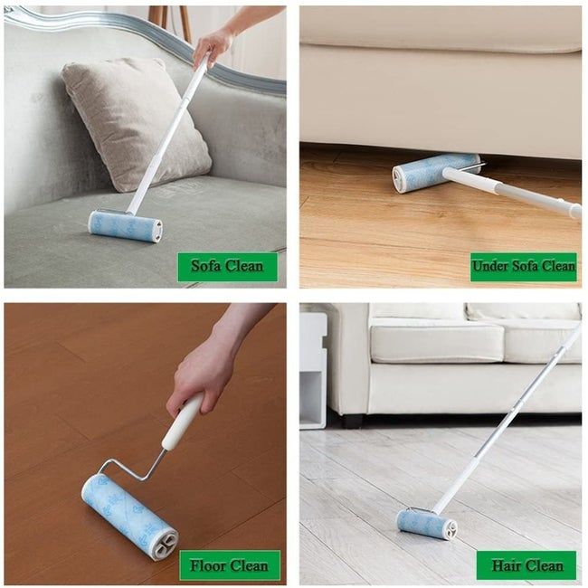 A model using the lint roller on a stick in different areas