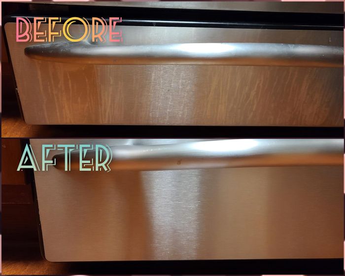 A before/after photo showing the transformation of an appliance handle, with the cleaner removing streaks and leaving it spotless.