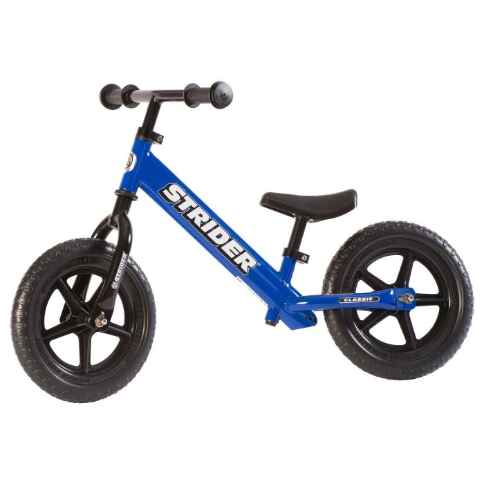 A blue balance bike