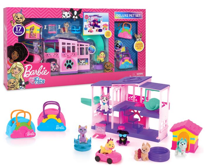 This set includes various animals, pet carriers, and a cozy pet home.