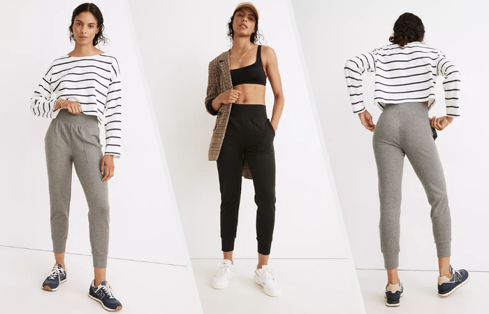 A set of three images featuring models dressed in gray and black joggers.