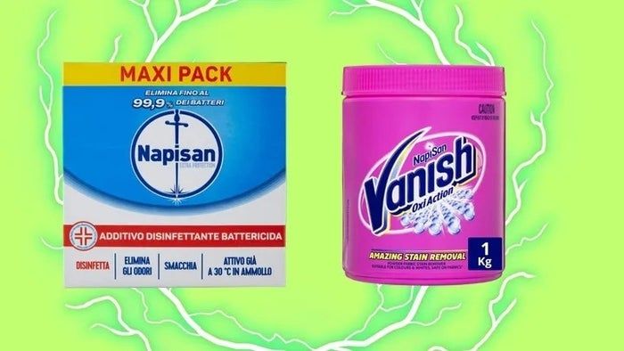 A comparison of Napisan and Vanish stain removers, displayed against a bright, vivid background.