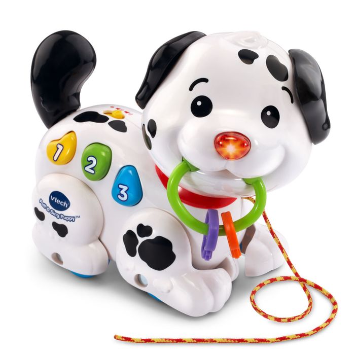 A plastic puppy with a leash and interactive buttons.