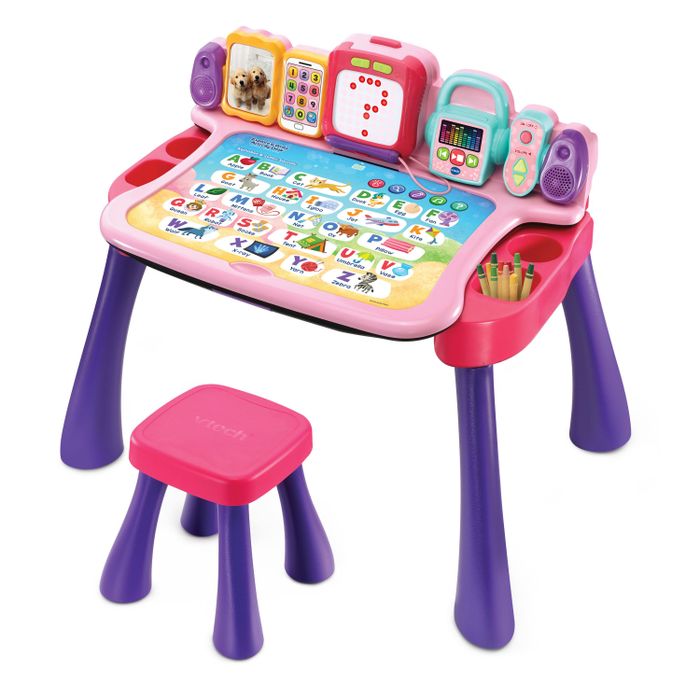 A pink and purple desk and stool set with interactive features.