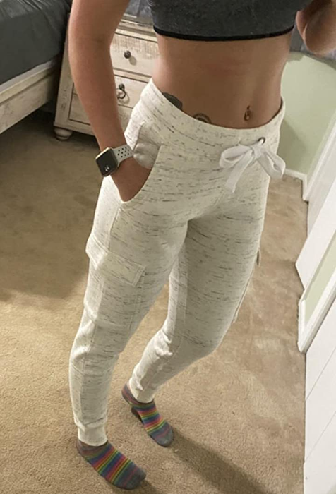 Image showing a reviewer wearing ivory-colored pants.