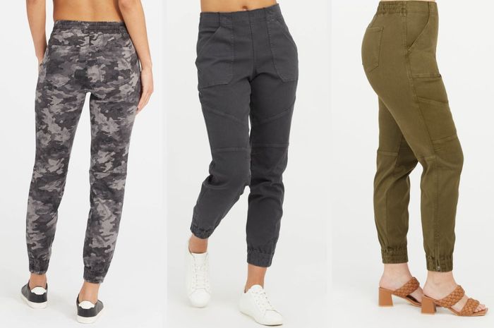 Three images featuring models in gray and green pants