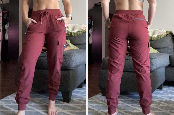 Two images showing a reviewer in red pants from the front and back